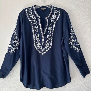 Style & Co. Embroidered Navy Blouse Tunic Medium Long Sleeve Boho Peasant